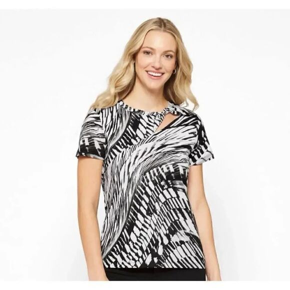 Dkny Print Knot Cutout T-Shirt in Black White Combo Soft Short Sleeves SZ M #189 - Picture 1 of 12